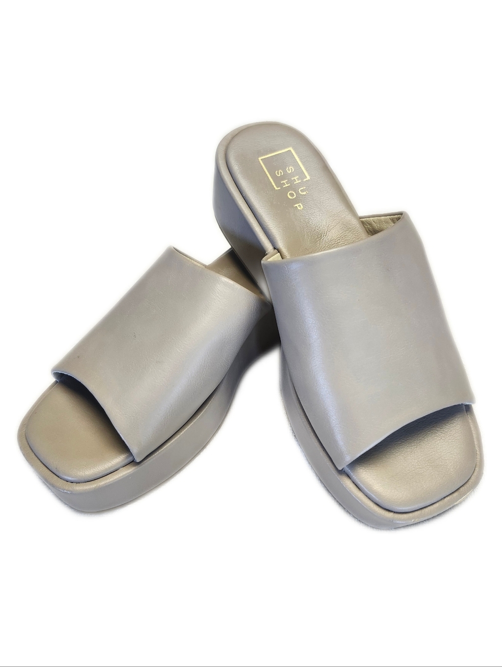 ShuShop Lourdes Taupe/Grey Slip On Platform Sandals, Slides, Like New, 7.5